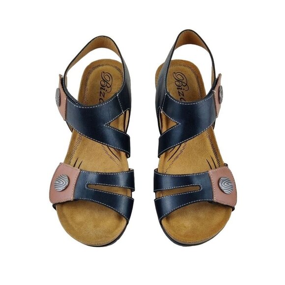 Biza Sandal Wedge US 5.5 Adjustable Straps Comfort Leather Black Brown Summer - Picture 2 of 11